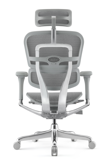 Detail of the Ergohuman Elite G2 in Grey Mesh, where the polished aluminum frame contrasts beautifully with the light fabric for a premium, high-tech look