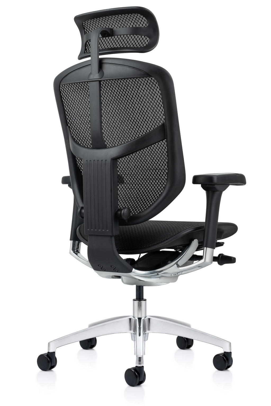 The robust aluminium exoskeleton of the Enjoy Elite G2 viewed from behind, showcasing the active matrix spine support system built for long-term durability 