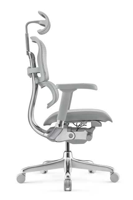 Upgrade your studio aesthetic with the Grey Mesh Ergohuman Elite G2 side profile, showcasing the seamless flow from the adjustable headrest down to the active lumbar support system for total spinal alignment