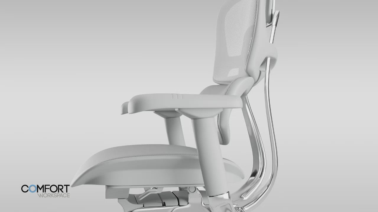 An animation demonstrating five-way armrest adjustments: Height for relaxed shoulders, Width for body alignment, and Depth for forearm support. The sequence also shows the arm pad Rotating for desk alignment and Tilting upward to support handheld device use