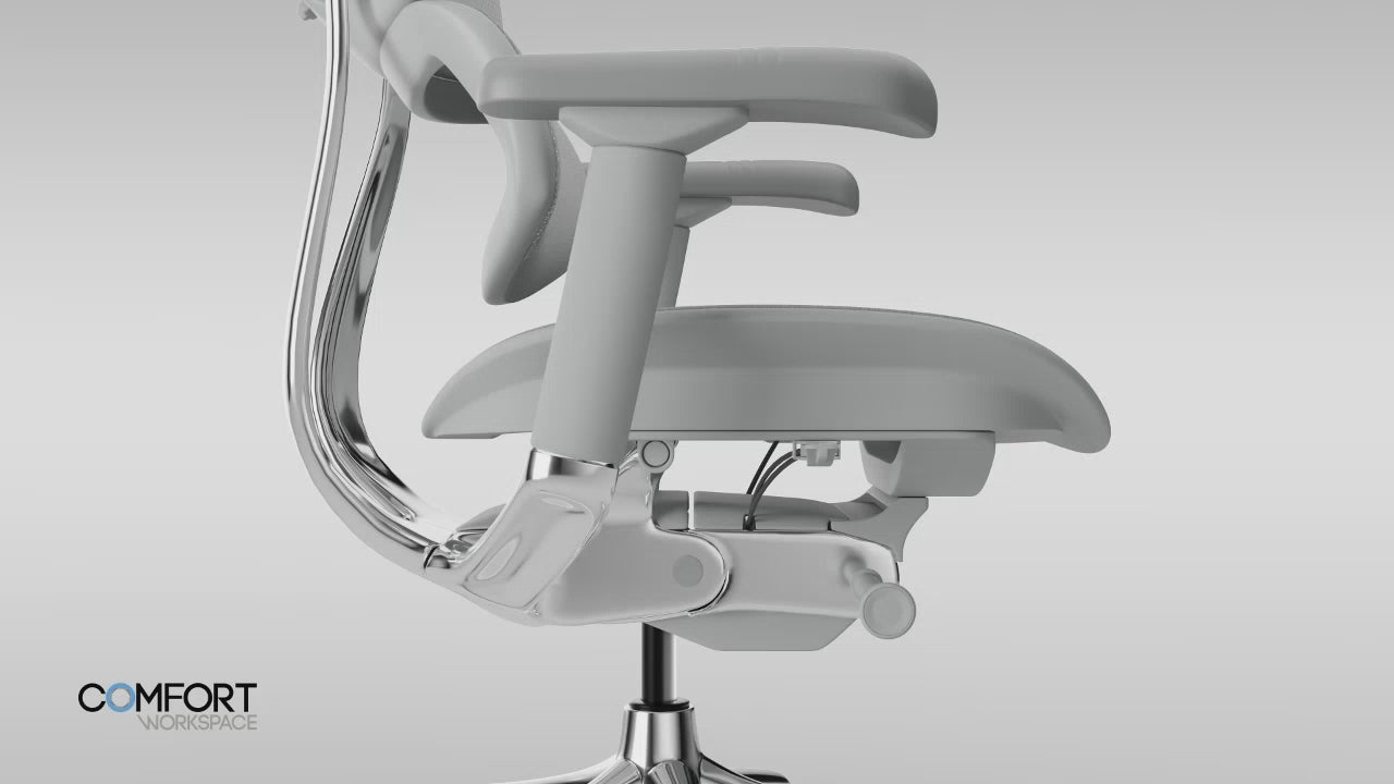 An animated diagram highlighting four ergonomic chair adjustments: the backrest slides to show Back Height alignment, tilts to demonstrate Back Angle locking, a tension knob turns to illustrate Recline Resistance, and a dial rotates to show the Lumbar Support contouring to the lower back