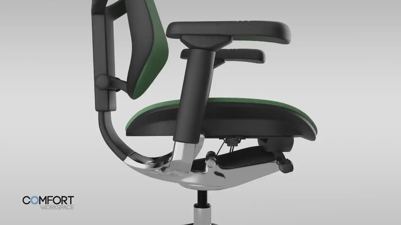 Animation demonstrating ergonomic chair adjustments: height-adjustable backrest for lumbar alignment, locking or free-float backrest angles, a long lever for recline tension calibration, and a dial to fine-tune lower back lumbar support.